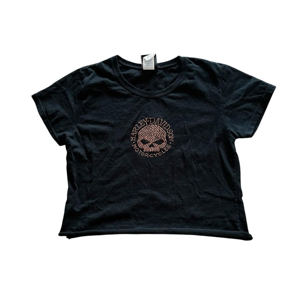 Harley-Davidson Y2K Women’s Rhinestone Skull Black Orange Cropped T Shirt Size M